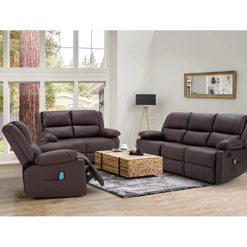 Stewbum 3 Piece Faux Leather Living Room Set Red Barrel Studio Body Fabric Brown Faux Leather